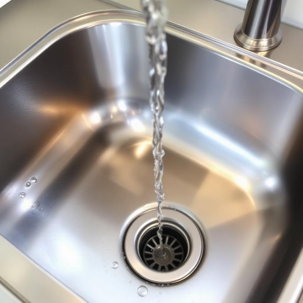 Spotless stainless steel kitchen sink with water flowing freely after drain cleaning