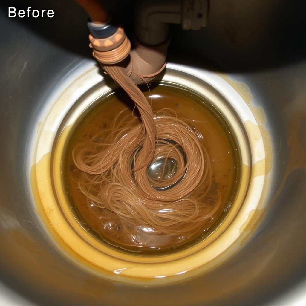 Clogged kitchen sink drain with standing dirty water before plumbing service