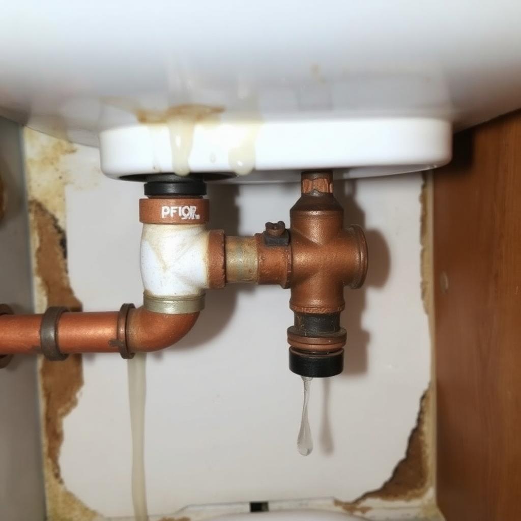 Corroded leaking copper pipes under sink with water damage before leak repair