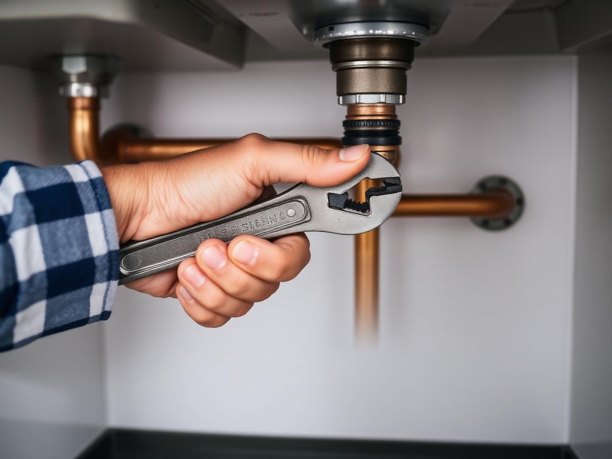 Licensed plumber repairing copper pipes under a kitchen sink