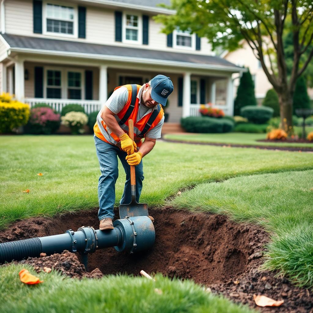 Plumber excavating the front yard to repair a main sewer line