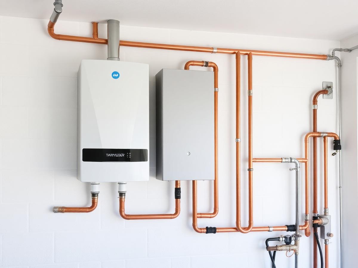 Professional tankless water heater installation with copper piping