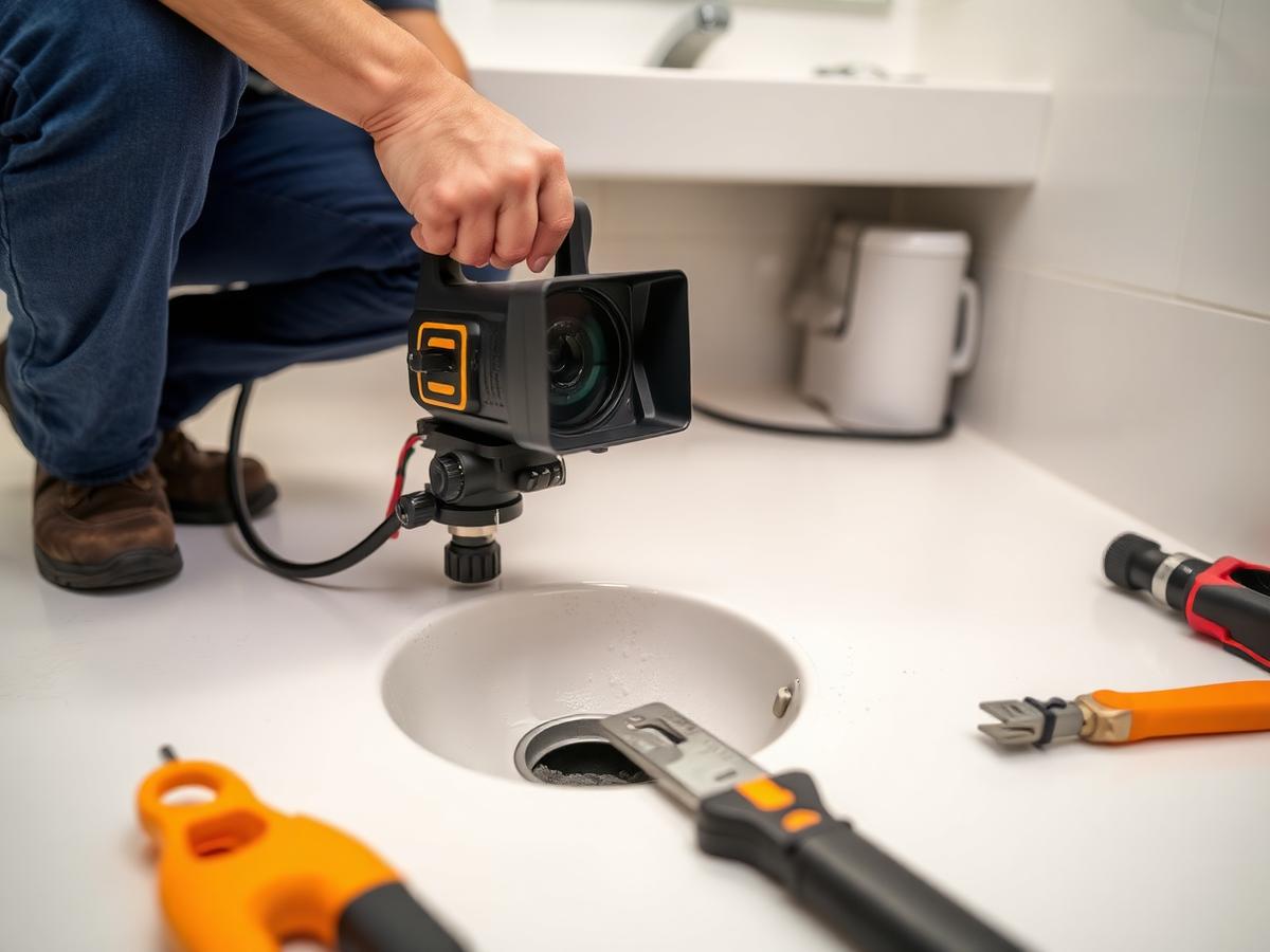 Plumber performing sewer camera inspection on a bathroom drain