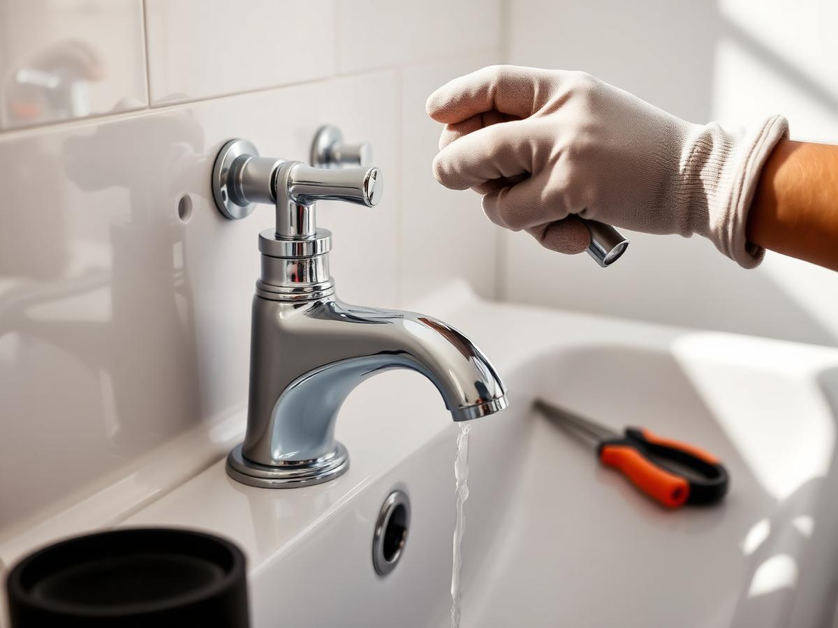Plumber repairing a chrome bathroom faucet in a modern home