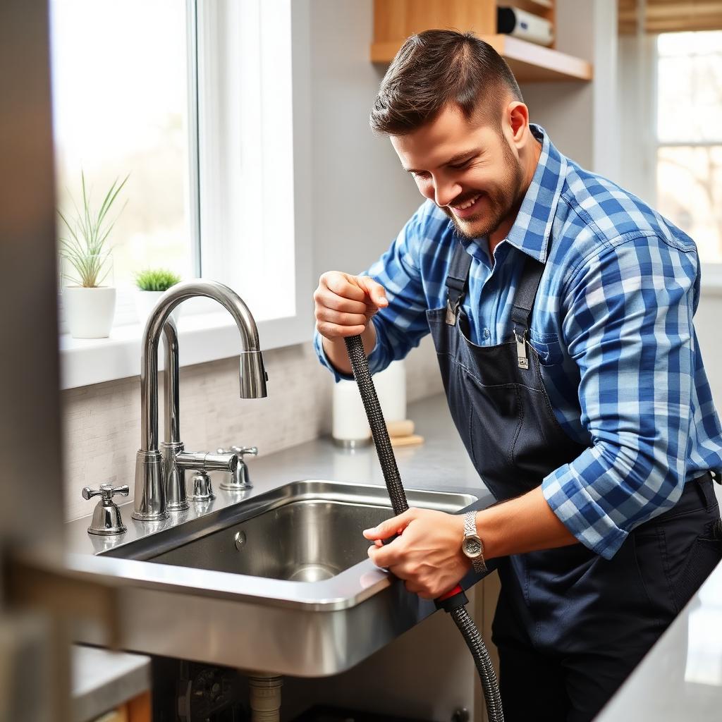 Plumber clearing a clogged kitchen sink drain with a drain snake