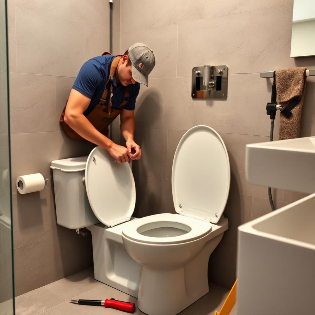 Plumber installing a new white porcelain toilet in a modern bathroom