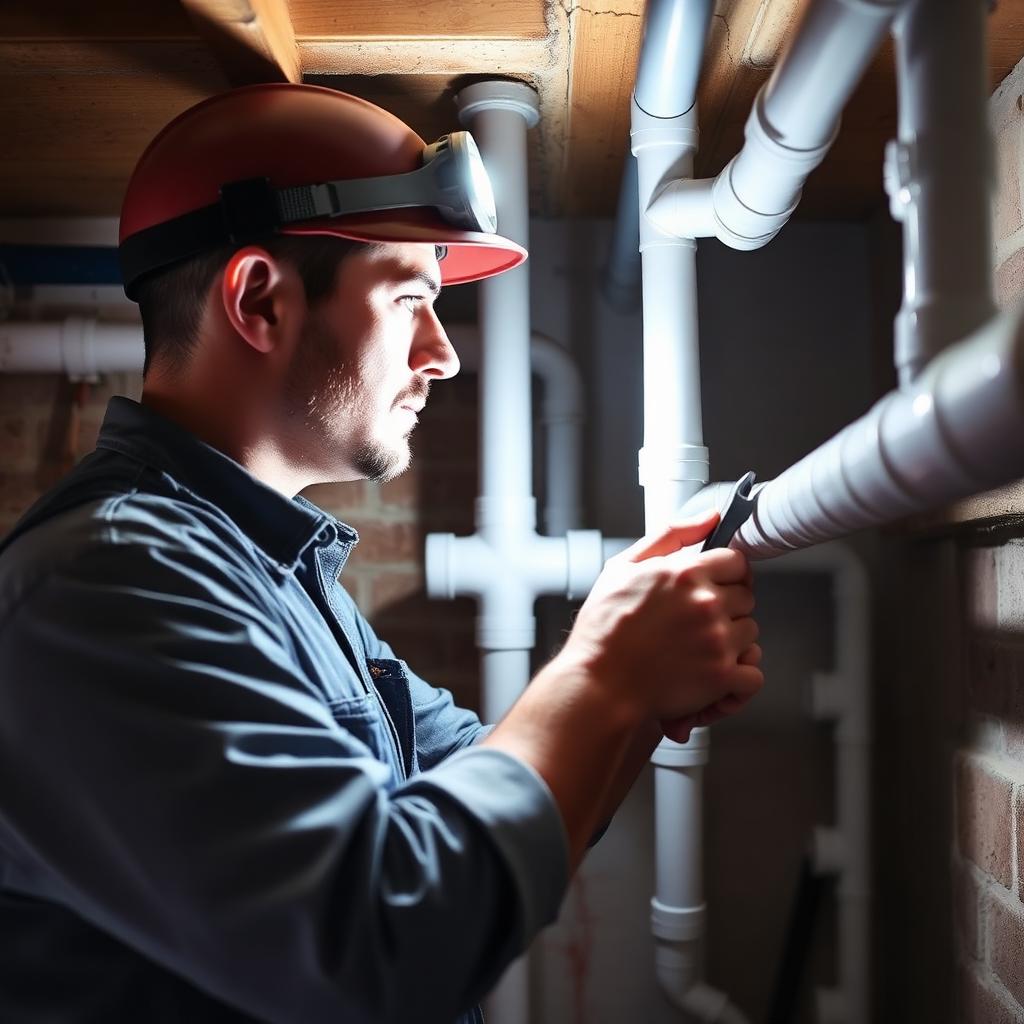 Plumber repairing PVC drain pipes in a basement utility room
